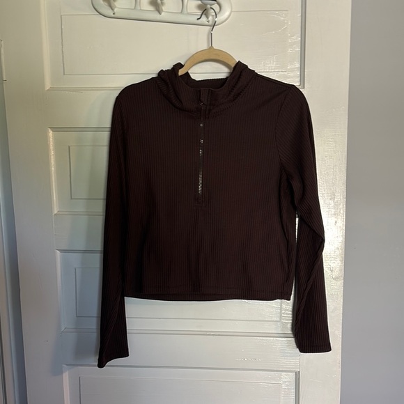 90 Degrees Ribbed Chocolate Brown Hooded Women's Cropped Jacket - Picture 1 of 4